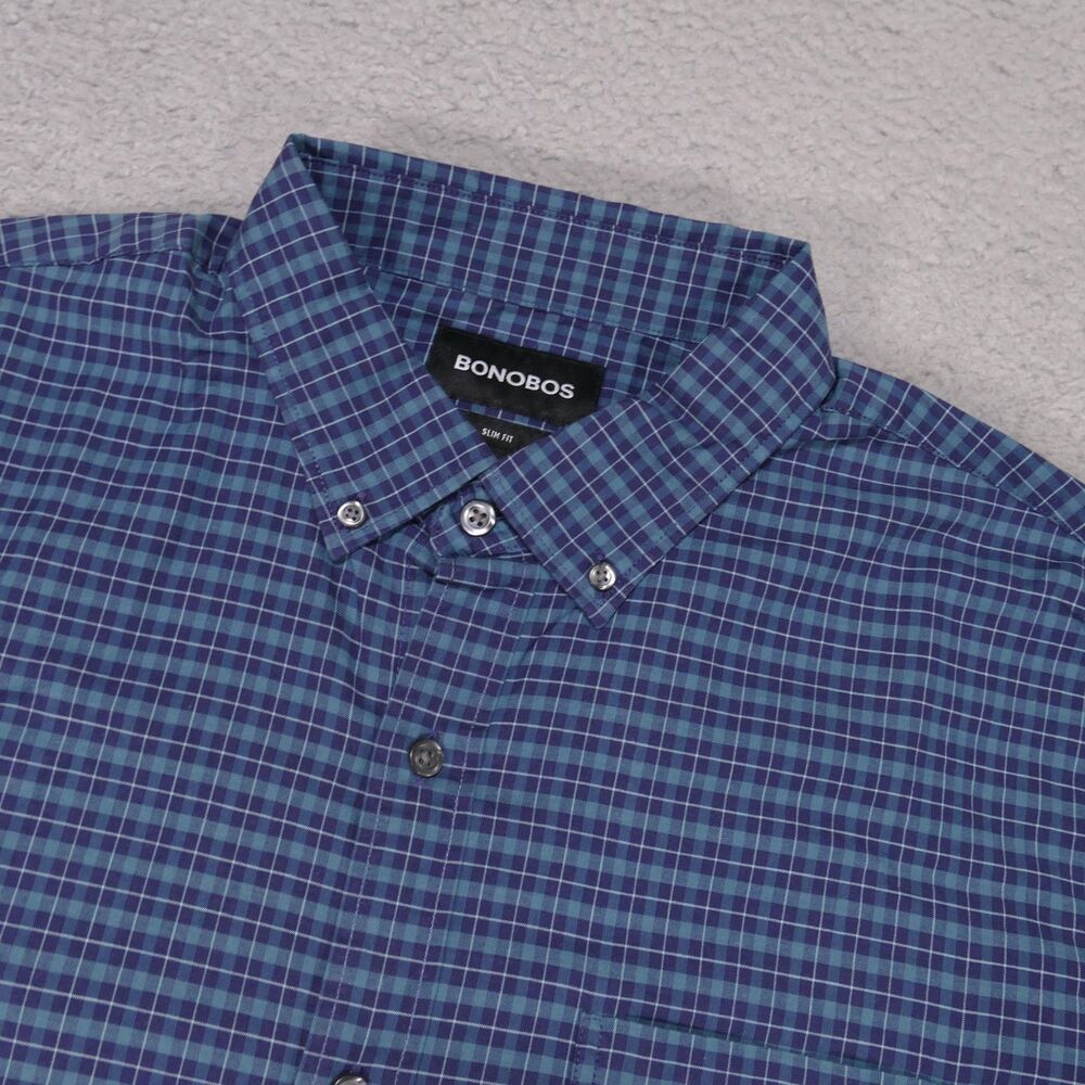 Bonobos Stretch Shirt Mens Large SLIM Fit Blue Plaid Button Down Long Sleeve